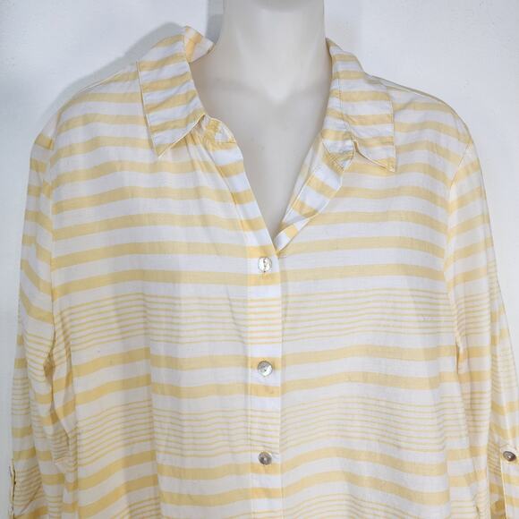 Chicos Shirt Women 2 US Large Button Yellow White Stripe Cotton Long Roll Sleeve - Picture 3 of 10